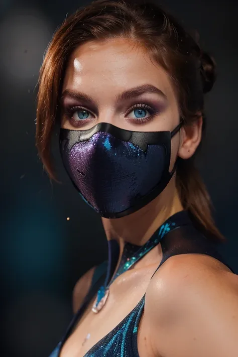 ((masked))  a super photo realistic image, 25 year old ginger girl, freckles, blue sparkling bikini, ultra detailed, (dark backg...