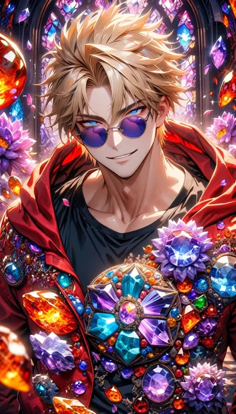 Ultra detailed, HDR, Highres, absurdres, master piece, Vash Stampede, expressive blue eyes, blond hair, red coat with a hoodie, black tight shirt, amber round sunglasses, Trigun, purple stained glass, purple ice, petals, purple ice flowers, man, solo, hand...