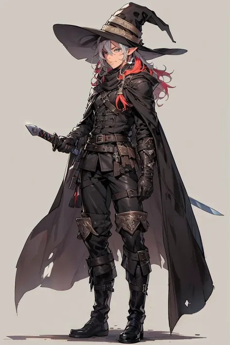 (male character), (extra long, flowing, with hair), (heterochromia), (left eye: blue), (right eye: brown), (black leather coat), (black shirt), (archery gloves), (black trousers), (black scarf), (illustration), (ultra-detailed), (realistic), (highres), (po...