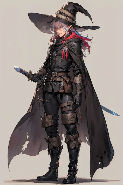 (male character), (extra long, flowing, with hair), (heterochromia), (left eye: blue), (right eye: brown), (black leather coat), (black shirt), (archery gloves), (black trousers), (black scarf), (illustration), (ultra-detailed), (realistic), (highres), (po...