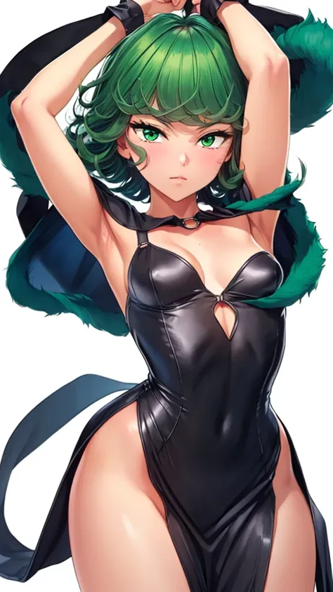 (1 girl, Alone, Masterpiece, 4k,  Best Quality:1.2, (cowboy shot), Best Quality:1.2, good hands, showy, (perfect hands, perfect anatomy)), 
Tatsumaki, black dress,  tight dress, neckline, ((small breasts, medium hips, looking at the viewer)),  pelvic curta...