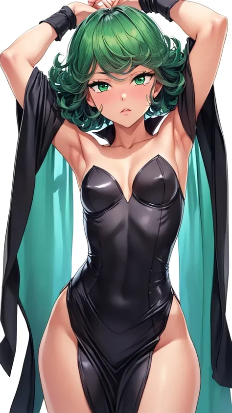 (1 girl, Alone, Masterpiece, 4k,  Best Quality:1.2, (cowboy shot), Best Quality:1.2, good hands, showy, (perfect hands, perfect anatomy)), 
Tatsumaki, black dress,  tight dress, neckline, ((small breasts, medium hips, looking at the viewer)),  pelvic curta...