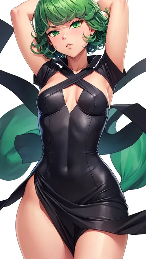 (1 girl, Alone, Masterpiece, 4k,  Best Quality:1.2, (cowboy shot), Best Quality:1.2, good hands, showy, (perfect hands, perfect anatomy)), 
Tatsumaki, black dress,  tight dress, neckline, ((small breasts, medium hips, looking at the viewer)),  pelvic curta...