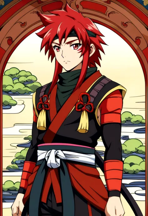 man, red  hair   ,  red eyes , ninja outfit, anime design style, clear face 