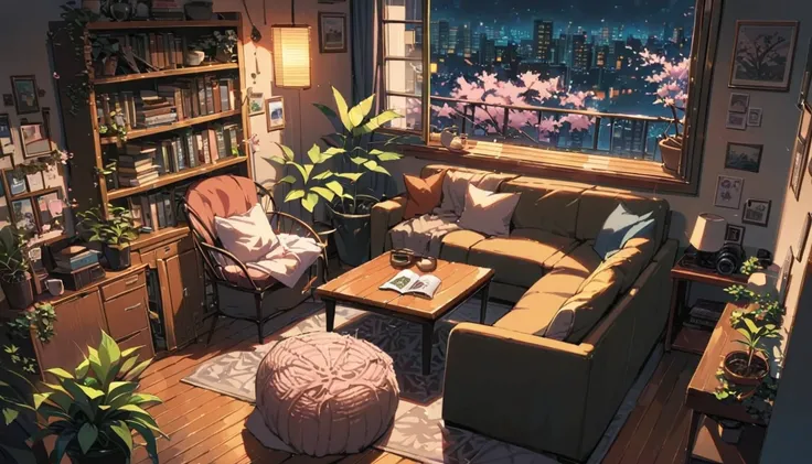 ((anime:1.4,illustration)),(masterpiece, top quality, best quality),(ultra-detailed, absolutely resolution),((16k, high res)), (((balcony, cherry blossoms, night sky, night view, potted plant, book, coffee table, sofa)) ((cozy lofi illustration:1.4)), ((an...