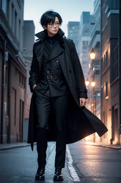 An anime image of a character in a black trench coat and round glasses in a brightly lit city