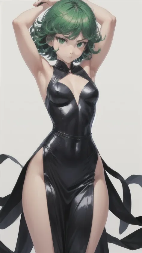 (1 girl, Alone, Masterpiece, 4k,  Best Quality:1.2, (cowboy shot), Best Quality:1.2, good hands, showy, (perfect hands, perfect anatomy)), 
Tatsumaki, black dress,  tight dress, neckline, ((small breasts, medium hips, looking at the viewer)),  pelvic curta...