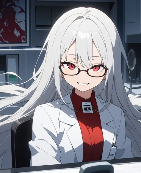 A nihilistic and evil smile,Anime painting:1.2,A small, young girl with glasses and very long silver hair and red eyes wearing a white lab coat is smiling wickedly with her mouth open.:1.2,In a dimly lit laboratory,Composition from the upper body up,Sittin...