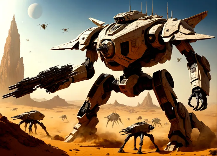 Star Wars, an imperial armored walker (mecha with big guns) assault an alien stronghold (organic appearance, like an insect hive) on a desert world, fire fight
