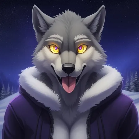 Tall_lanky_muscular_mature_wolf female gray_furry_body yellow_eyes very_fluffy misty_breath snowy_forest starry_sky solo Masterpiece best_quality absurdres highly_detailed well_drawn_eyes hypnotized with glowing purple eyes without iris or pupils, tongue o...