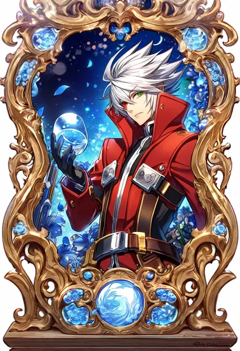 absurdres, highres, ultra detailed, HDR, master piece, best quality, extremely detailed, Ragna The Blood Edge, white hair, heterochromia, right eye red, left eye green, Blazblue, solo, sexy man, handsome, red coat, magical, fantasy, glittering, sparkling, ...