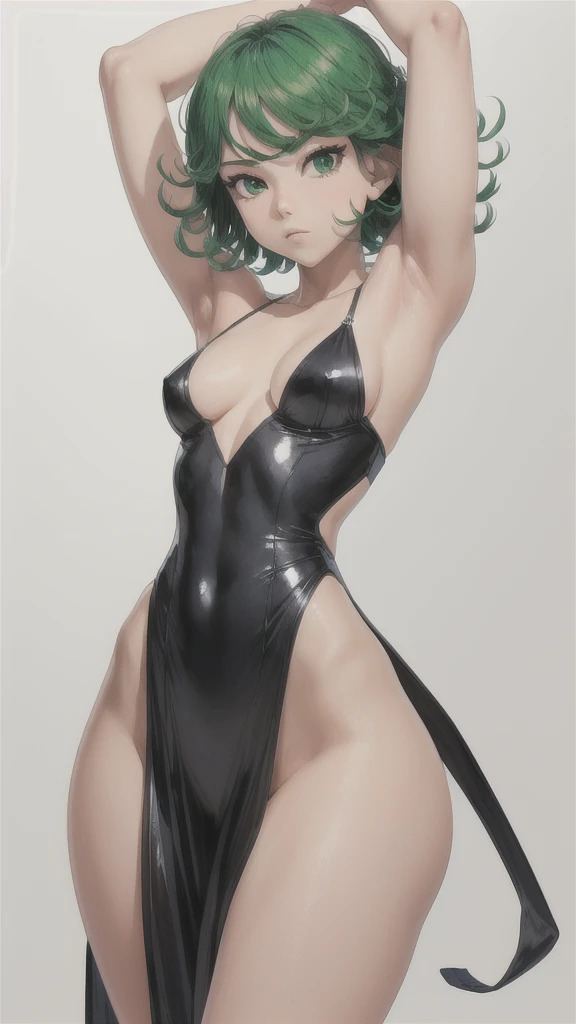 (1 girl, Alone, Masterpiece, 4k,  Best Quality:1.2, (cowboy shot), Best Quality:1.2, good hands, showy, (perfect hands, perfect anatomy)), 
Tatsumaki, micro bikini,  tight dress, neckline, ((small breasts, medium hips, looking at the viewer)),  pelvic curt...