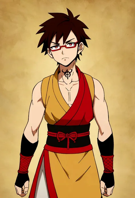 naughty man, tied brown hair, red glasses, eyes browns, clan mark on neck, ninja outfit, with kunai, detailed design, anime styling