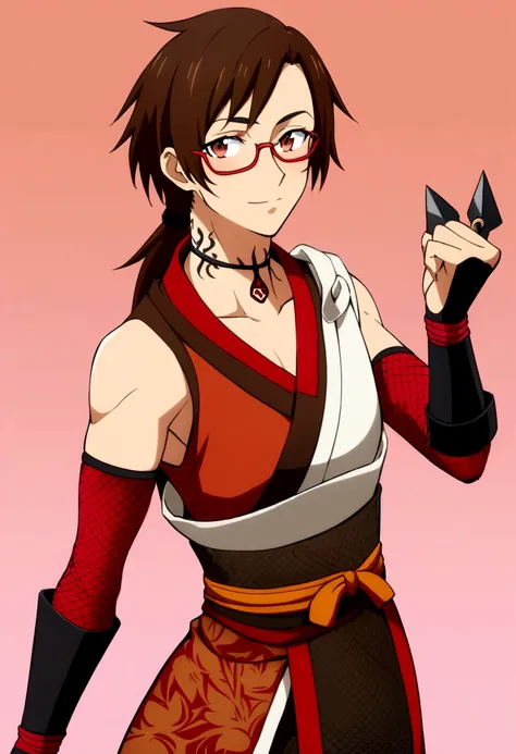 naughty man, tied brown hair, red glasses, eyes browns, clan mark on neck, ninja outfit, with kunai, detailed design, anime styling