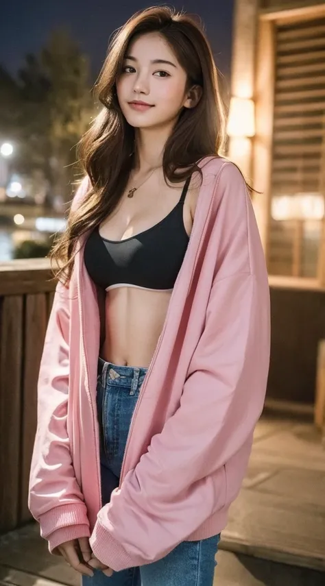 ((Night, Realistic Light, Best Quality, 8K, Masterpiece: 1.3)), ((romantic photo:1.3)) 1girl, Slim Beauty: 1.4, Abs: 1.1, (Brown hair, big breasts: 1.3), Long pink sweater: 1.1, Bathroom, Super fine face, Delicate eyes, Double eyelids, smile, necklace, and...