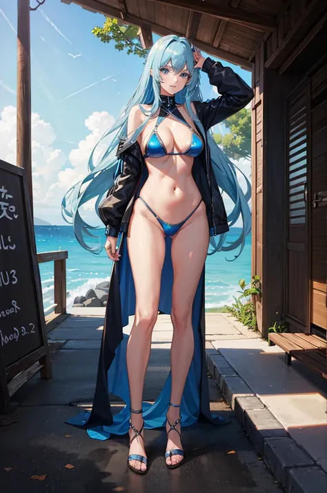 1woman, tall, metallic hair, blue eyes, bikini, standing on ground, high res, ultra sharp, 8K, masterpiece