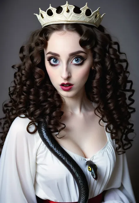 young woman,pale skin,curly hair and dark color, big eyes with black pupils, dressed as the virgin mary. , with a thin nose . wi...