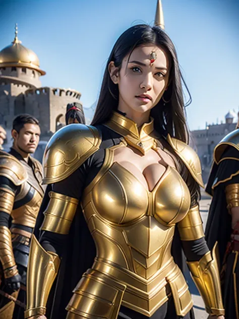 beautiful warrior woman in golden greek armor, porfect human face detailed, Jet black hair, hoplite helmet, muscular, huge naked breasts, I look at the viewer, foreground, model photo poses, work of art, best qualityer, 8K, nblurry background, medieval fan...