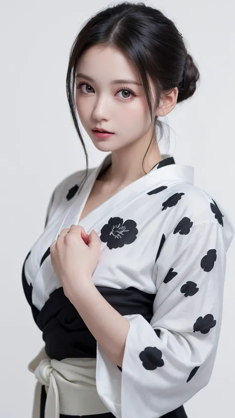 (((forehead、Northern Europe、White people、beautiful girl、Black Hair、White background、yukata、Chignon)))、table top, highest quality, figure, super detailed, finely, High resolution, 8k wallpaper, Perfect dynamic composition, detailed and beautiful eyes, Deco ...