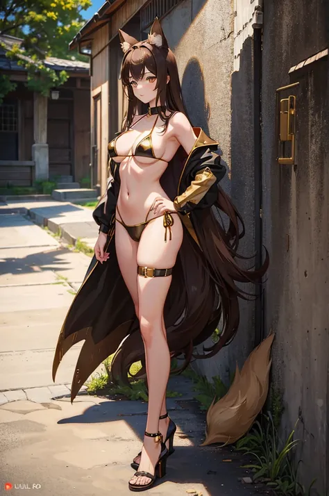 1woman, brown hair, gold eyes, wolf ears, wolf tail, bikini, standing on ground, high res, ultra sharp, 8K, masterpiece