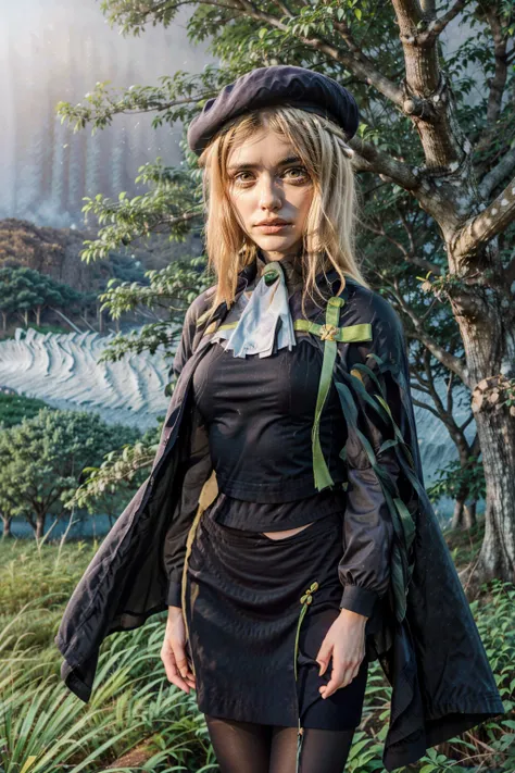 1 girl, best quality, ((Miyo)), tarankaaa, perfect face, beautiful smile, 30 years old, ((ascot, uniform, black skirt, cross, ribbon, gold blonde hair, emerald, beret, cape, pantyhose)), ((perfectly drawn hands)), perfect body, bare tree, bush, fog, forest...