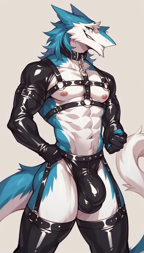 white sergal with buff athletic build wearing partial latex outfit, giant bulge,, with collars and straps, by darkgem 