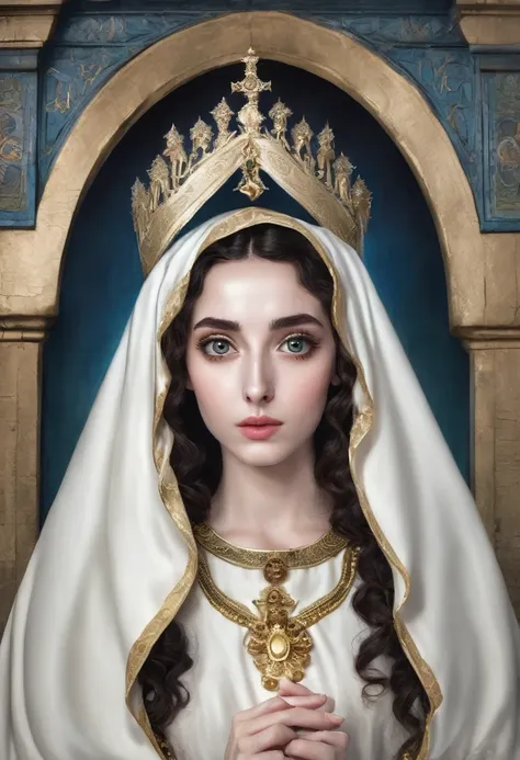 young woman,pale skin,curly hair and dark color, big eyes with black pupils, dressed as the virgin mary. , with a thin nose . wi...