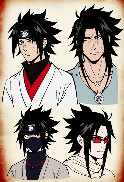 naughty man, black hair long , red glasses, olhos vermelhos featuring sharingan, uchiha clan necklace , ninja outfit, featuring , detailed design, anime styling