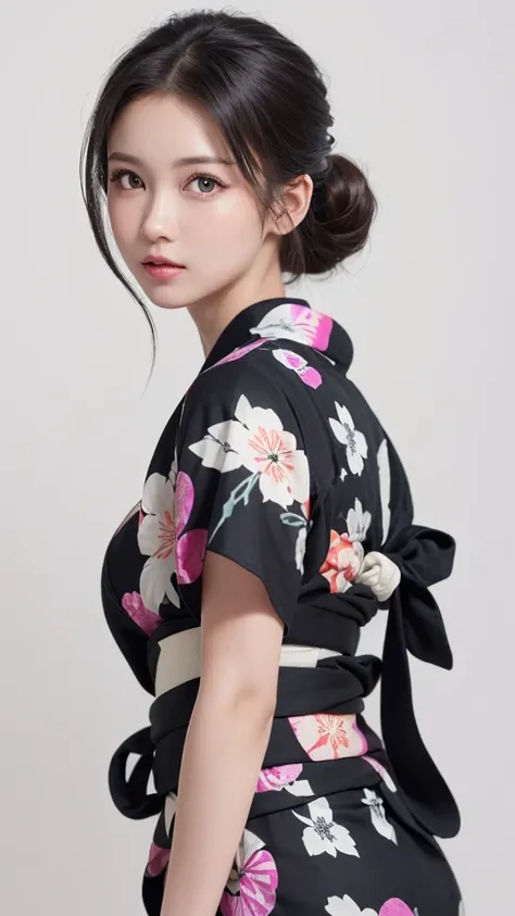 (((forehead、Northern Europe、White people、beautiful girl、Black Hair、White background、Colorful yukata、Chignon)))、table top, highest quality, figure, super detailed, finely, High resolution, 8k wallpaper, Perfect dynamic composition, detailed and beautiful ey...