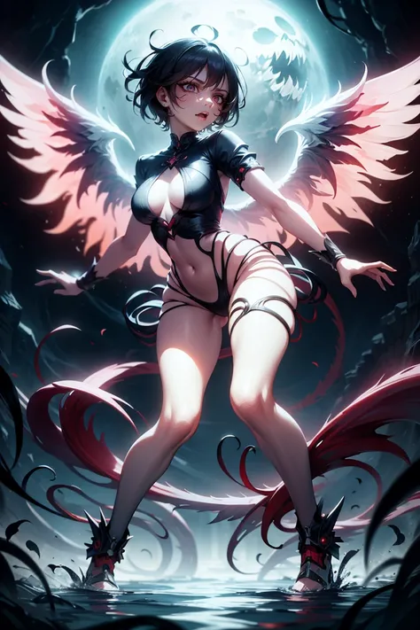 siren woman short hair tomboy, standing sexy with glasses, and white wings, Blue setting, movement pose, fully body, perfect hands
