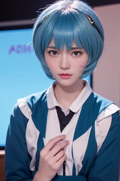 (Highest quality, High resolution, Tabletop:1.2), One Girl, ayanamirei, Bobcut, high school girl,uniform，Upper Body View、Interface Headset, background, Light blue hair color, Expressionless, Apply blush all over the face, Embarrassing, View your viewers