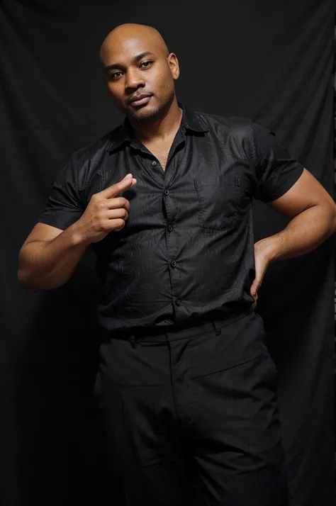 37 year old man with a clean face without a beard, black skin and bald hair, slightly fat body and 164 cm tall, wearing a batik shirt and black cloth trousers, standing with his right hand raising his thumb, red background