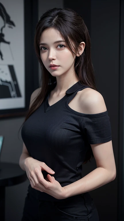 Fantasy art, Photorealism, Dynamic Lighting, Art Station, Poster, Volumetric lighting, Highly detailed face, (Official Uniform: 1.4), Long Hair, sweater, Delicate clavicle, Bare shoulders, Ample breasts