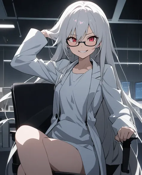 A nihilistic and evil smile,Anime painting:1.2,A small, young girl with glasses and very long silver hair and red eyes wearing a white lab coat is smiling wickedly with her mouth open.:1.2,In a dimly lit laboratory,Composition from the upper body up,Sittin...