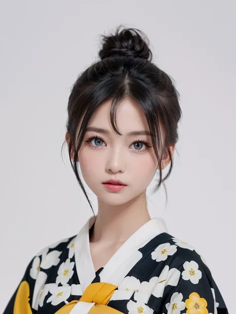 (((forehead、Northern Europe、White people、beautiful girl、Black Hair、White background、Colorful yukata、Chignon)))、table top, highest quality, figure, super detailed, finely, High resolution, 8k wallpaper, Perfect dynamic composition, detailed and beautiful ey...