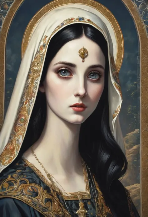 young woman,pale skin,dark colored hair ,big eyes with black pupil ,with clothing of the virgin mary , with a thin nose . with a...