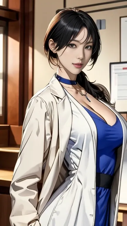 masterpiece, hot shot, ((best quality)), absurdres, perfect antomy, Tae Takemi, (Small smile), necklace, choker, dress, (Big breasts:1.3), braless, defined abdomen, labcoat, standing, doctor office background, sexy pose