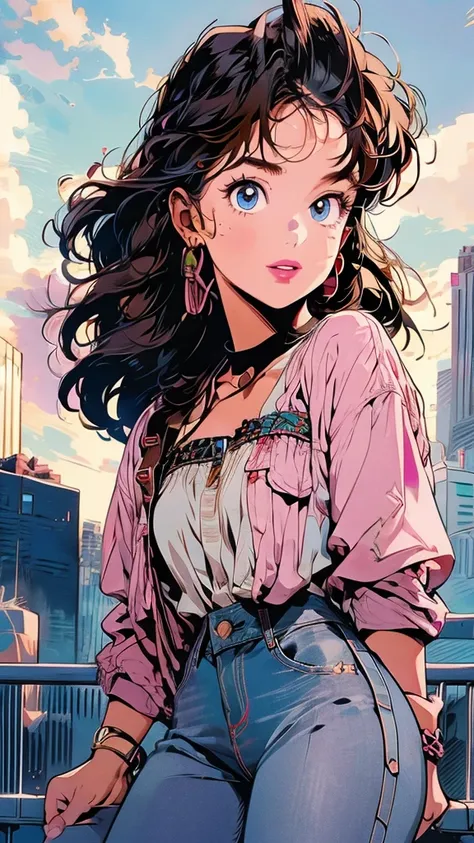 1 girl, vtuber, beautiful skin, braided brown hair, Box braids, blue eyes, smiling, pink lipstick, white blouse, tube top, big circle gold earrings, freckles, big lips, pink lips, on a rooftop, she is holding a reporter microphone, new reporter, nyc skylin...