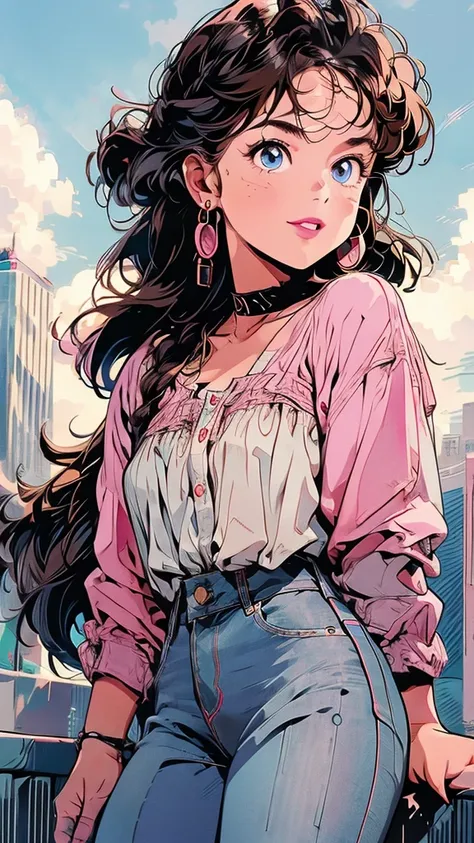 1 girl, vtuber, beautiful skin, braided brown hair, Box braids, blue eyes, smiling, pink lipstick, white blouse, tube top, big circle gold earrings, freckles, big lips, pink lips, on a rooftop, she is holding a reporter microphone, new reporter, nyc skylin...