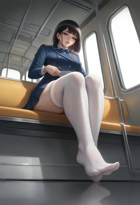 "(work of art, High definition, Ultra High definition, 4K) Bblack hair,  14 year old Japanese girl, uniform skirt, emphasizing thighs, white thigh highs, soft thighs, shiny thighs, sitting in train, Face-to-face angle, (low angle),sitting on the train seat...