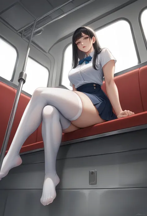 "(work of art, High definition, Ultra High definition, 4K) Bblack hair,  14 year old Japanese girl, uniform skirt, emphasizing thighs, white thigh highs, soft thighs, shiny thighs, sitting in train, Face-to-face angle, (low angle),sitting on the train seat...