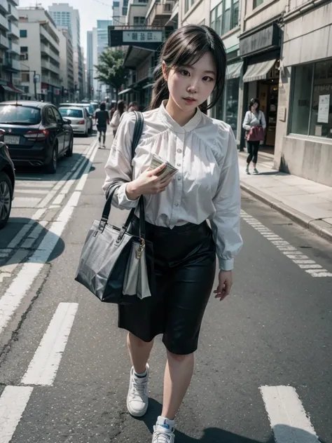 mei mei walking down the street with her hands full of money