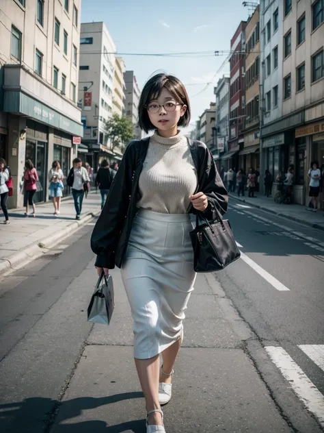 mei mei walking down the street with her hands full of money