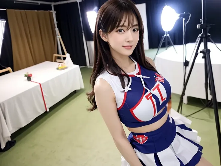 a live-action photo of an extremely beautiful japanese high school girl race queen who highlights her large breasts and beautifu...