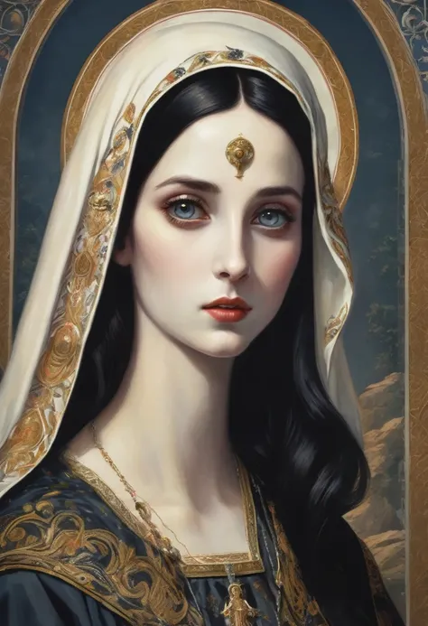 young woman,pale skin,dark colored hair ,big totally black eyes  ,with clothing of the virgin mary , with a thin nose . with an ...