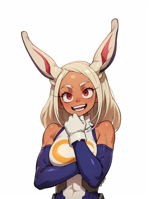 ((mirko, dark_skin, leotard, rabbit_girl, kneehighs, red_eyes, white background)), upper body, crazy big smile, same as original...