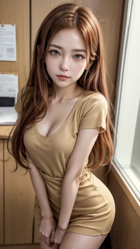 Anime girl, 26 years old, light brown hair, slightly yellow eyes, fair skin, timid expression, office clothes Uma garota de anime, age 26, light RED hair, yellowish brown eyes, skin fair, body skinny, smallbreast, shy expression and in office clothes. Clum...