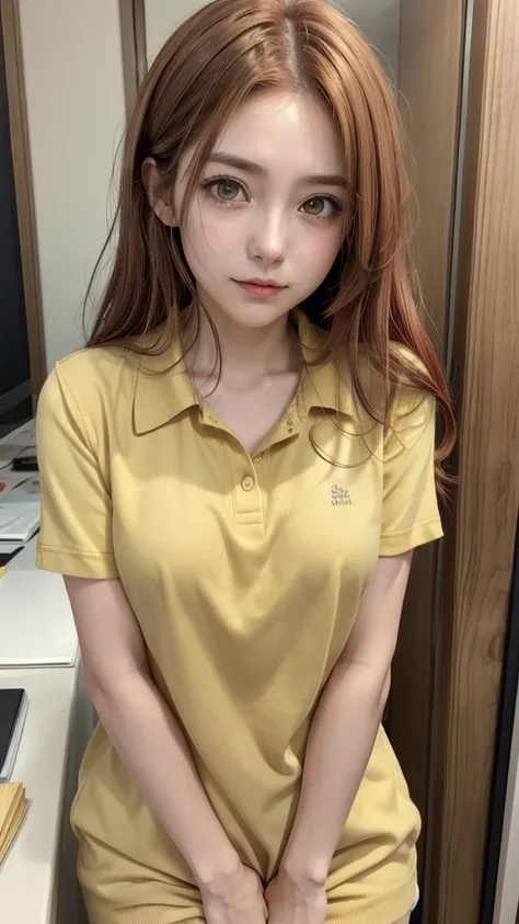 Anime girl, 26 years old, light brown hair, slightly yellow eyes, fair skin, timid expression, office clothes Uma garota de anime, age 26, light RED hair, yellowish brown eyes, skin fair, body skinny, smallbreast, shy expression and in office clothes. Clum...