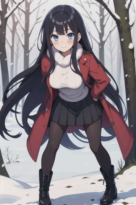 1girl, solo, pantyhose, blue eyes, boots, snow, tree, black hair, long hair, black footwear, outdoors, , gloves, black pantyhose, bangs, black skirt, standing, red jacket, very long hair, pleated skirt, looking at viewer, fur trim, jacket, long sleeves, da...