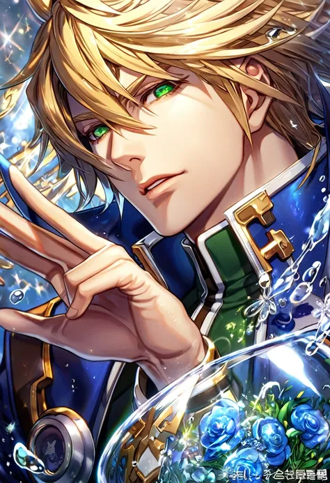 absurdres, highres, ultra detailed, HDR, master piece, best quality, extremely detailed, Kisaragi Jin, blond hair, expressive green eyes, Blazblue, solo, sexy man, handsome, blue coat, magical, fantasy, glittering, sparkling, glass, blue flowers, blue peta...